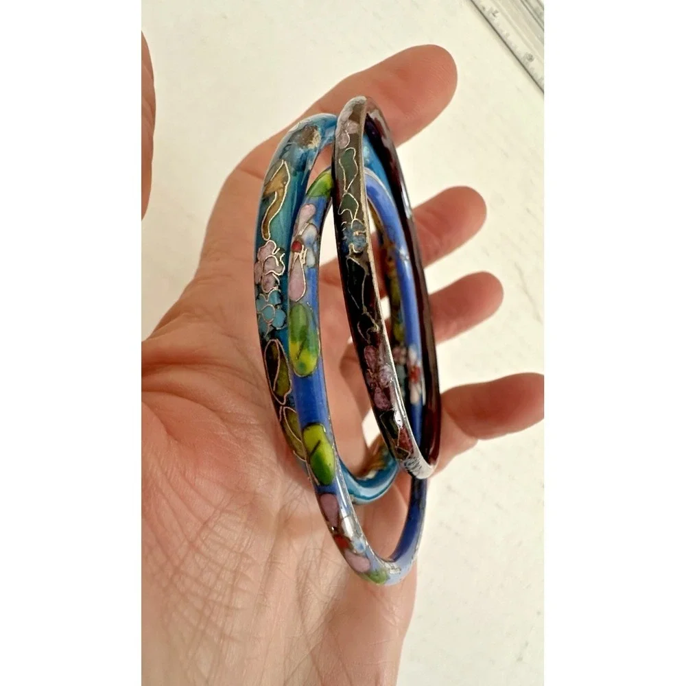 Cloisonne Bangle Bracelet Blue Aqua Floral Pink Metal Set of 3
